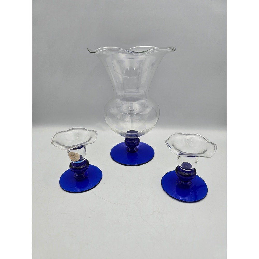 Princess House Crystal Sapphire Vase Candlestick Set Blue Excellent 3pc Romania